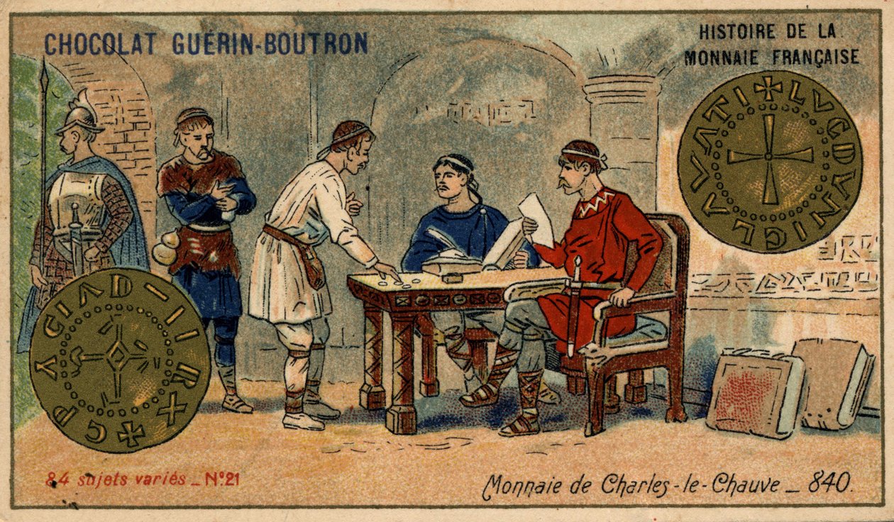 Serien History of the French Currency utgitt av Chocolat Guérin Boutron. 1800-talls kromolitografi. Mynt av Charles the Bald i 840 av Unknown artist