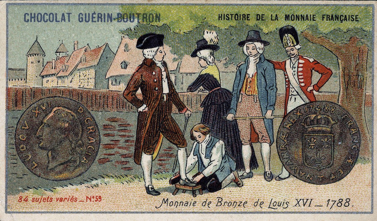 Serien History of the French Currency utgitt av Chocolat Guérin Boutron. 1800-talls kromolitografi. Bronsemynt av Louis XVI i 1788 av Unknown artist