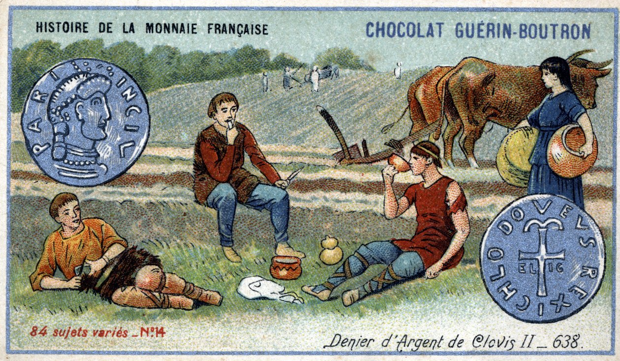 Serien History of the French Currency utgitt av Chocolat Guérin Boutron. 1800-talls kromolitografi. Sølvfornekter av Clovis II i 638 av Unknown artist