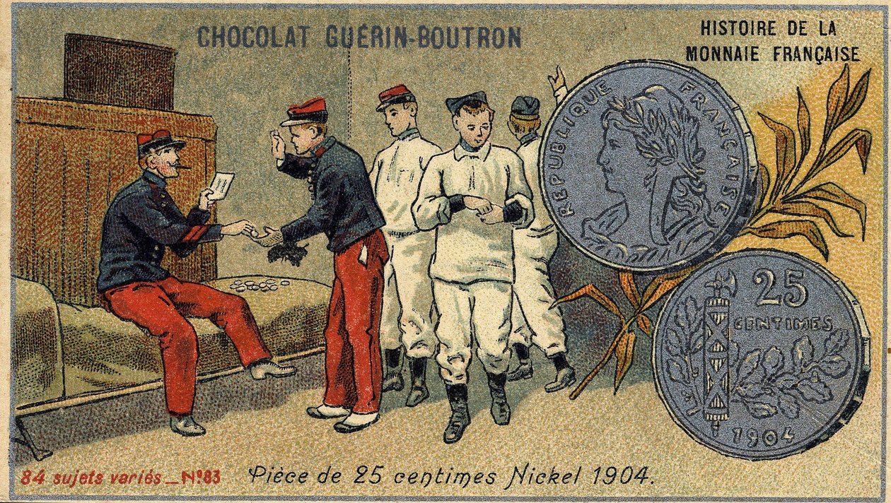 Series Histoire de la Monnaie Française published by Chocolat Guérin Boutron. Chromolithography 19th century. 25 cent coin. Nickel 1904 av Unknown artist