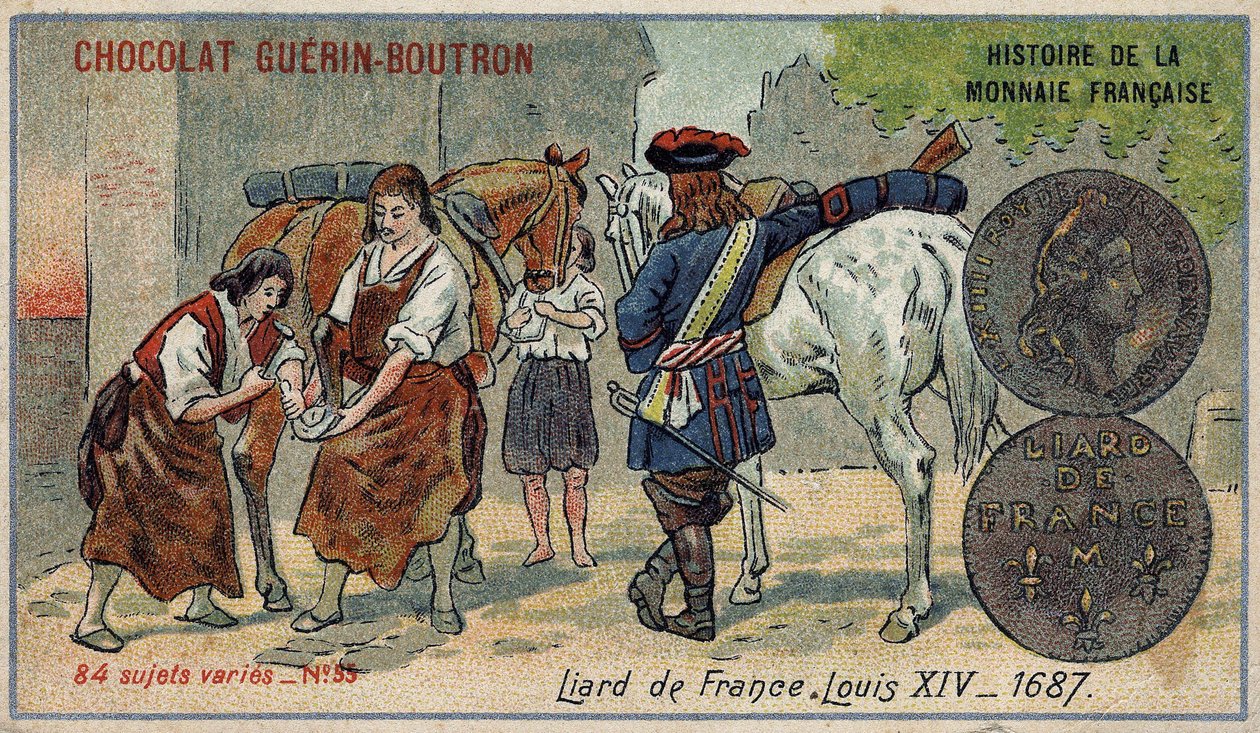 Series Histoire de la Monnaie Française published by Chocolat Guérin Boutron. Chromolithography 19th century. Liard from France. Louis XIV in 1687 av Unknown artist