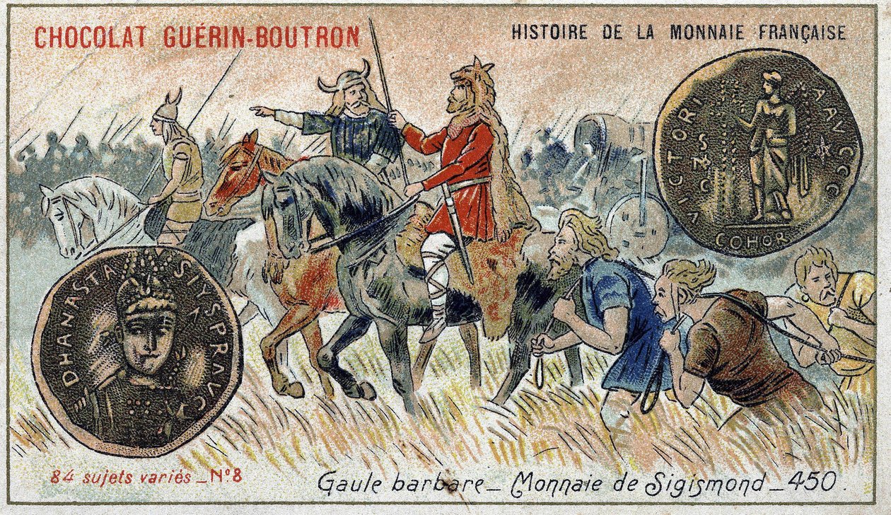 Series Histoire de la Monnaie Française published by Chocolat Guérin Boutron. Chromolithography 19th century. Barbarian Gaul. Sigismond currency. av Unknown artist