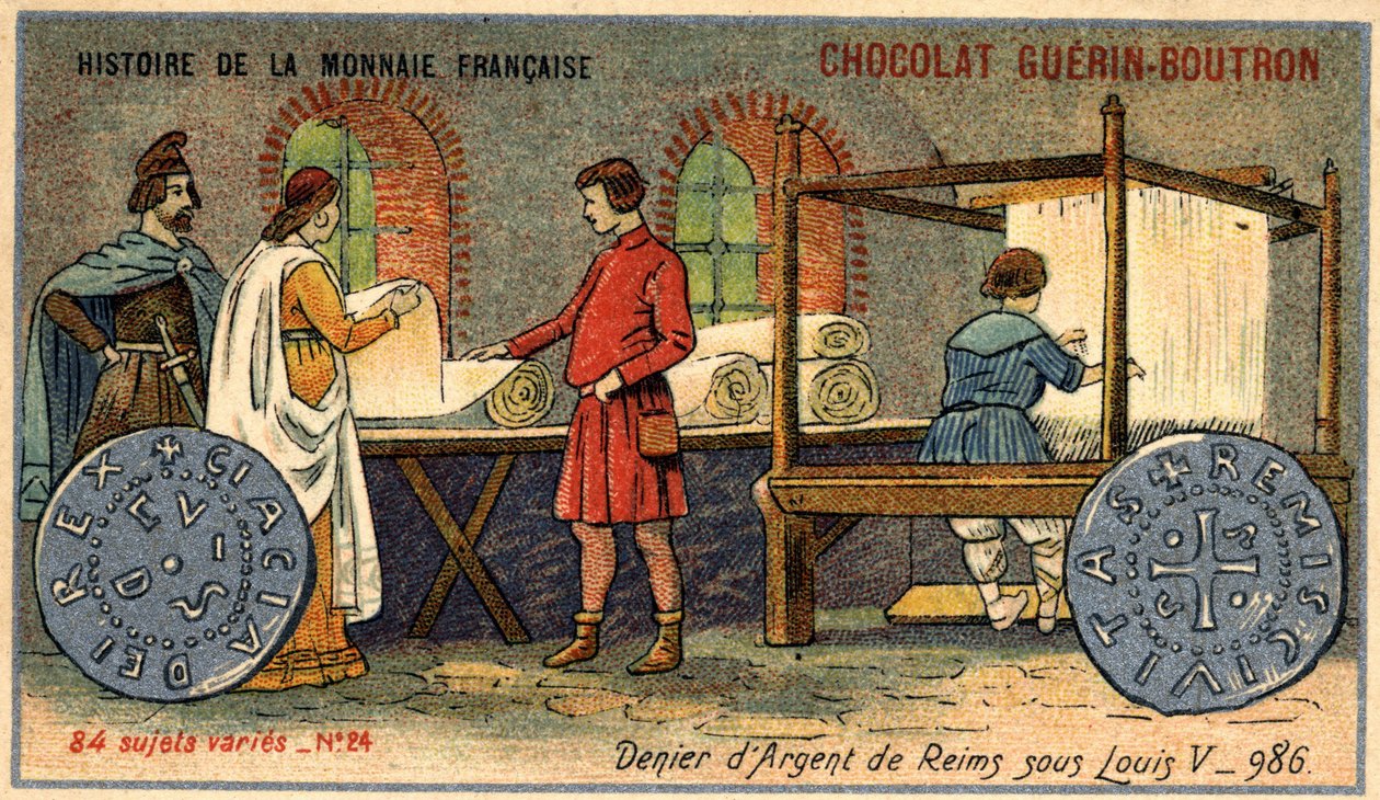 Series Histoire de la Monnaie Française published by Chocolat Guérin Boutron. Chromolithography 19th century. The Silver Denier of Reims under Louis V. in 986 av Unknown artist