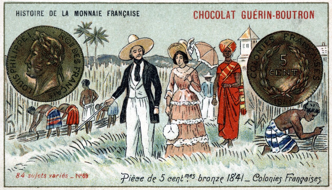 Series Histoire de la Monnaie Française published by Chocolat Guérin Boutron. Chromolithography 19th century. 5 cent bronze coin in 1841. French colonies av Unknown artist