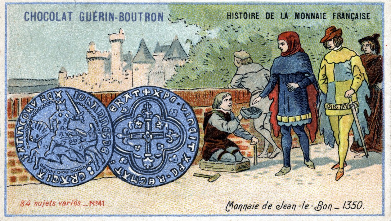 Series Histoire de la Monnaie Française published by Chocolat Guérin Boutron. Chromolithography 19th century. Coin of John the Good in 1350 av Unknown artist