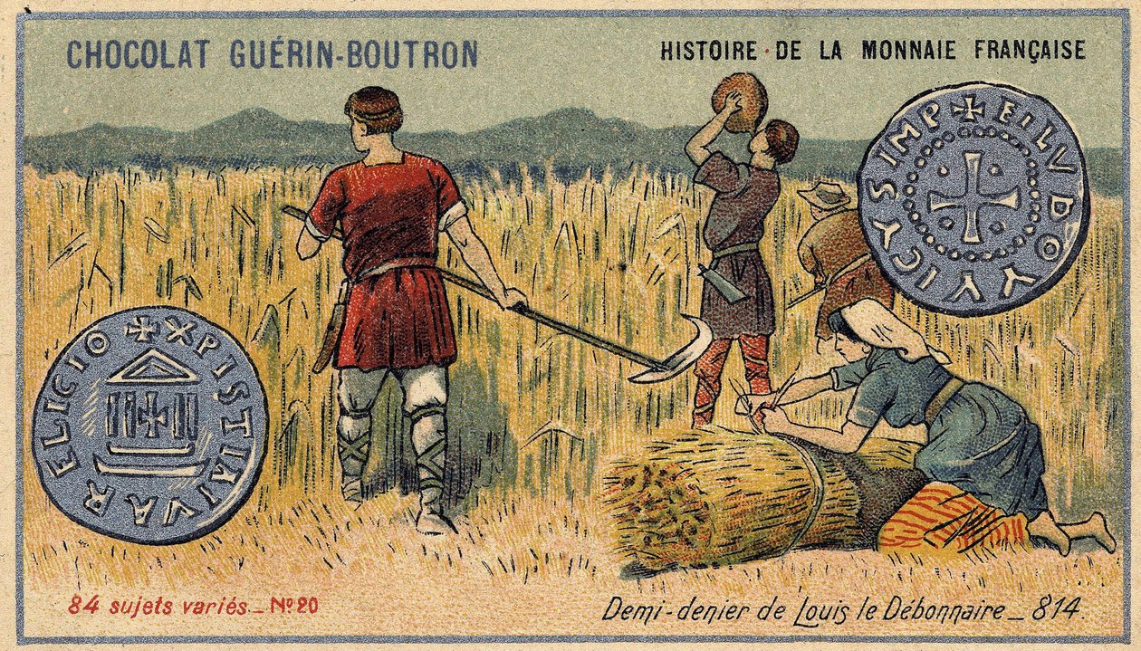 Series Histoire de la Monnaie Française published by Chocolat Guérin Boutron. Chromolithography 19th century. Half denier of Louis the Debonnaire in 814 av Unknown artist