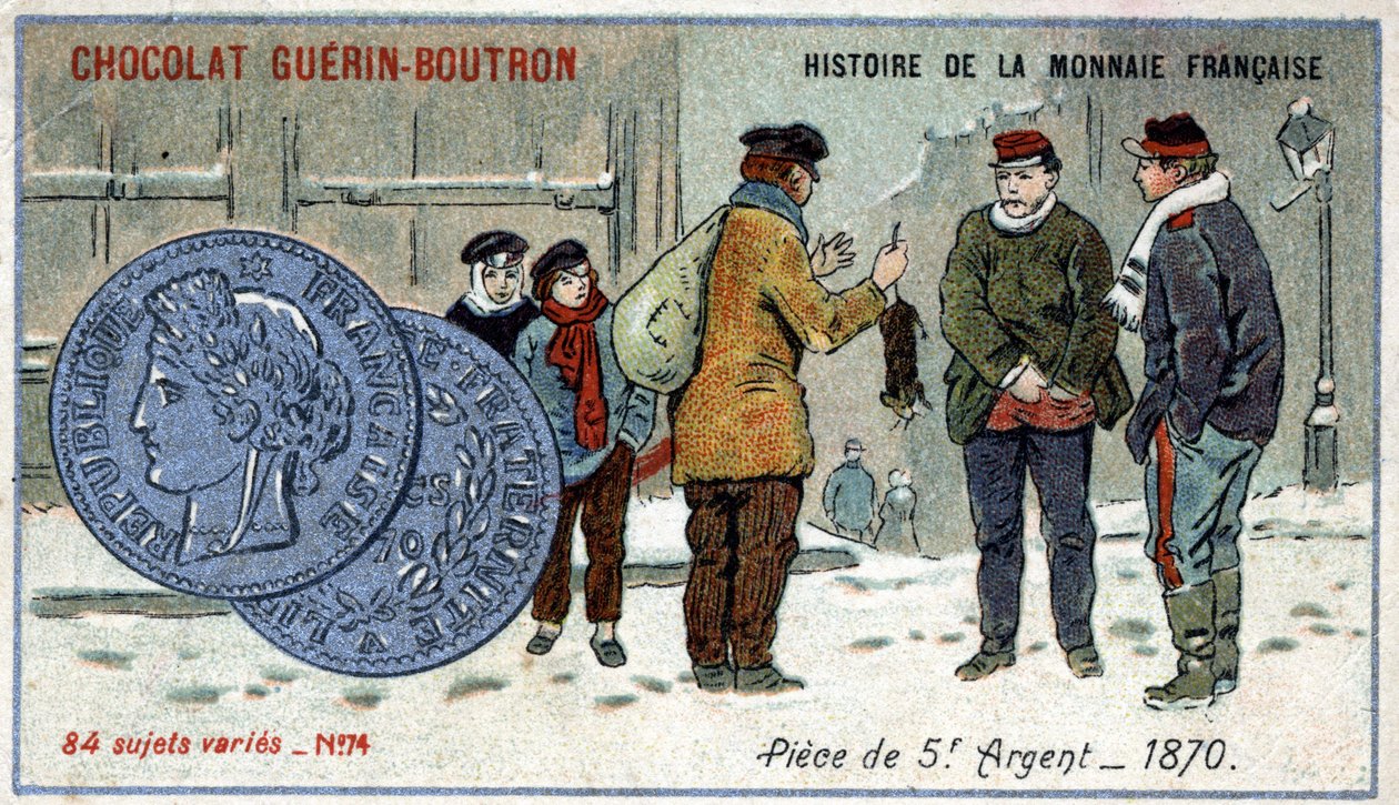 Series Histoire de la Monnaie Française published by Chocolat Guérin Boutron. Chromolithography 19th century. 5 franc silver coin in 1870 av Unknown artist