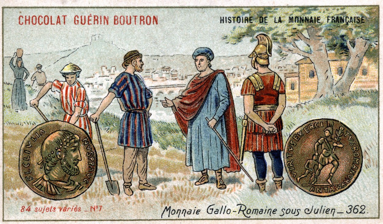 Series Histoire de la Monnaie Française published by Chocolat Guérin Boutron. Chromolithography 19th century. Gallo Roman coins under Julien av Unknown artist