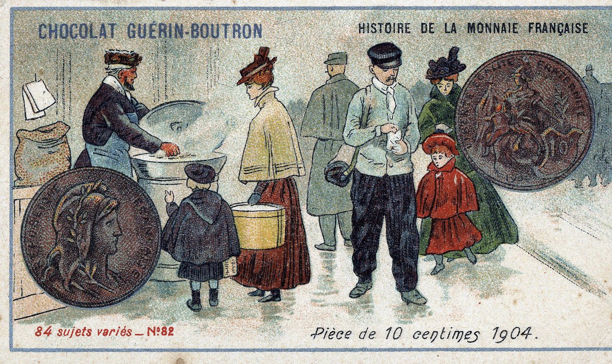 Serien History of the French Currency utgitt av Chocolat Guérin Boutron. 1800-talls kromolitografi. 10 cent mynt i 1904 av Unknown artist