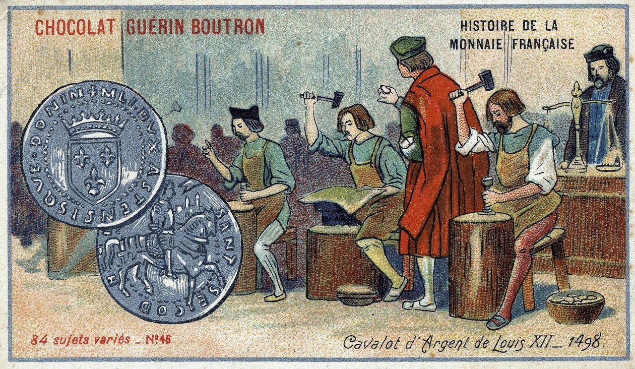 Serien History of the French Currency utgitt av Chocolat Guérin Boutron. 1800-talls kromolitografi. Sølvkavaloten til Ludvig XII. 1498 av Unknown artist