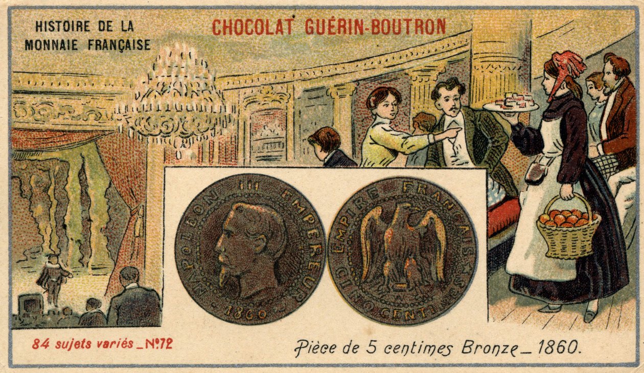 Serien History of the French Currency utgitt av Chocolat Guérin Boutron. 1800-talls kromolitografi. 5 cent bronsemynt i 1860. Napoleon III. av Unknown artist