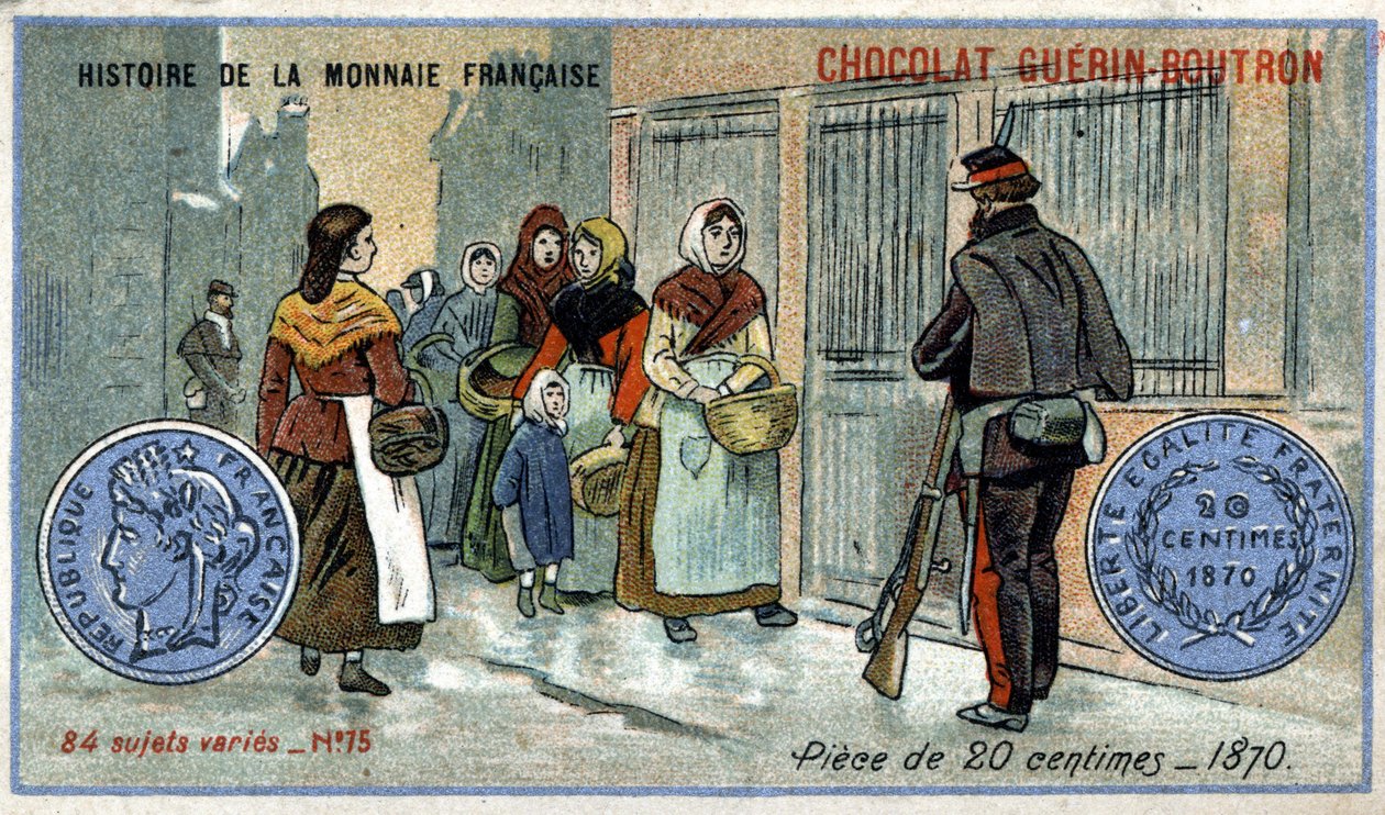 Serien History of the French Currency utgitt av Chocolat Guérin Boutron. 1800-talls kromolitografi. 20 centimes mynt i 1870 av Unknown artist
