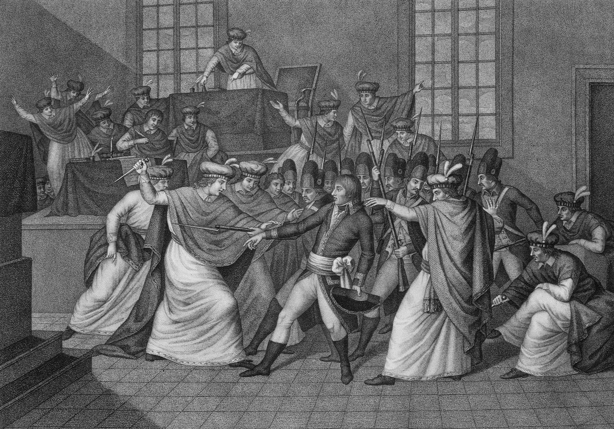 Sesjon for det lovgivende organet ved orangerie de Saint Cloud: Bonaparte presenterer seg selv ved forsamlingen av rådet for fem cent (fem cent) (rom på 500) og oppløste det på 19. brumaire år VIII under statskuppet av de 18. brumaire. av Unknown artist