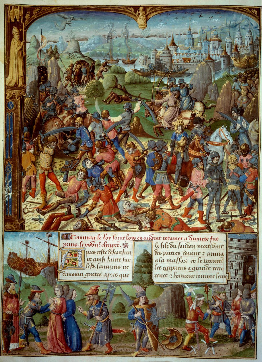 Syvende korstog (1248-1254). På toppen Louis IX (Saint Louis) (1215-1270), konge av Frankrike, med kryssene etter å ha blitt beseiret av saracenerne ved Mansourah i 1250. De trakk seg tilbake bak tårnene i Damaskus. Louis IX og hans to brødre blir tatt i p av Unknown artist