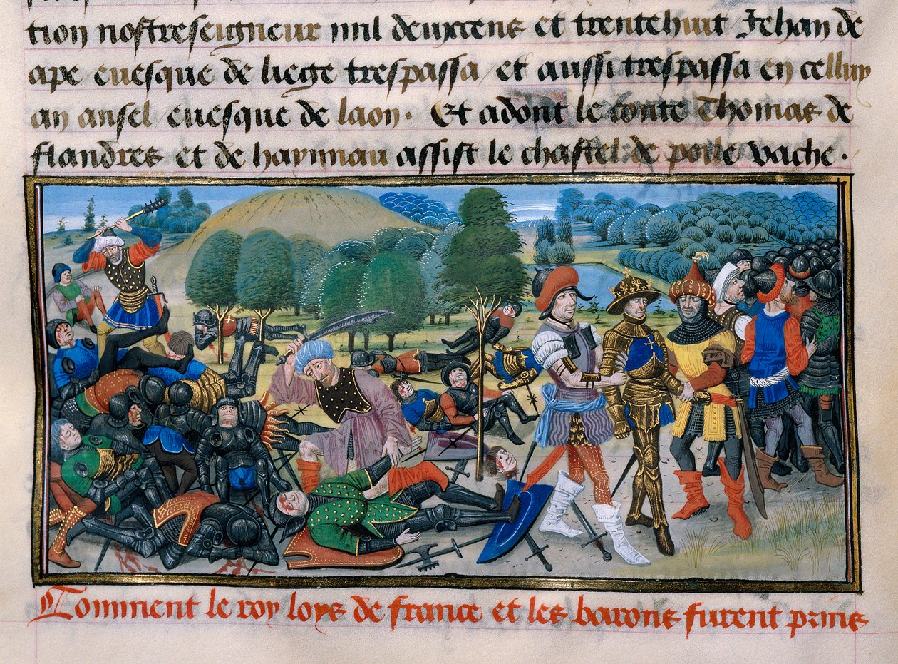 Syvende korstog: Kong Ludvig IX (Saint Louis) (1214-70) blir tatt til fange under slaget ved Mansourah i 1250 i Egypt, "Chronique abregee" av David Aubert 1250 Paris av Unknown artist