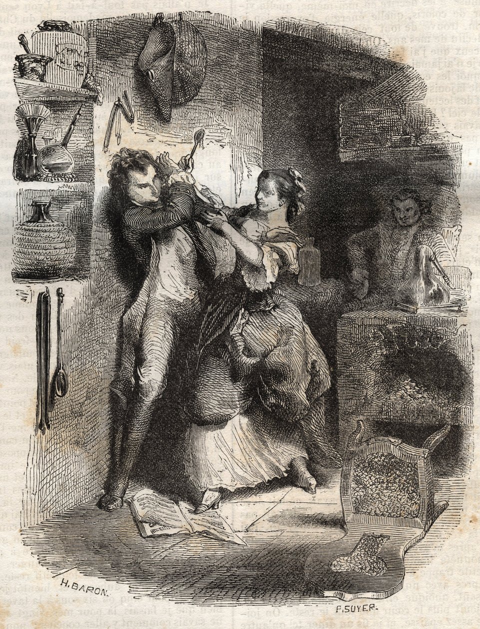 She smeared me my face, and all this was delicious - Illustration for the “” confessions” by Jean-Jacques (Jean Jacques) Rousseau (1712-1778) - engraving of 1849 av Unknown artist