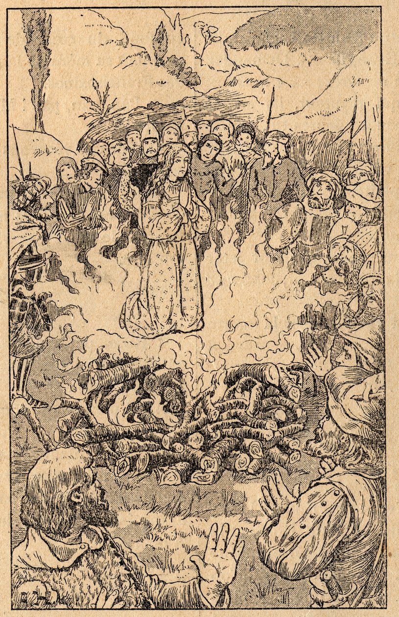 Hun holder seg midt i flammene... Den hellige rose av Viterbo (Rosa da Viterbo) (1233-1252). Gravering fra slutten av 1800-tallet. Privat samling. av Unknown artist
