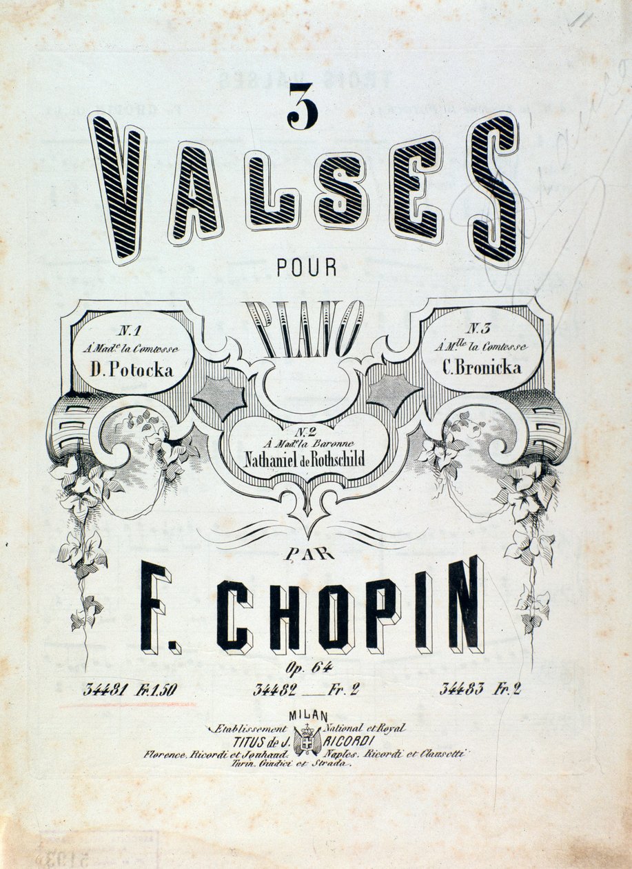 Noter for 3 valser for piano op. 64, av Frederic Chopin (frontispice) av Unknown artist