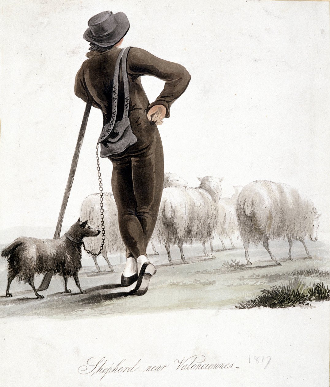 Shepherd nær Valenciennes - akvarell av Unknown artist