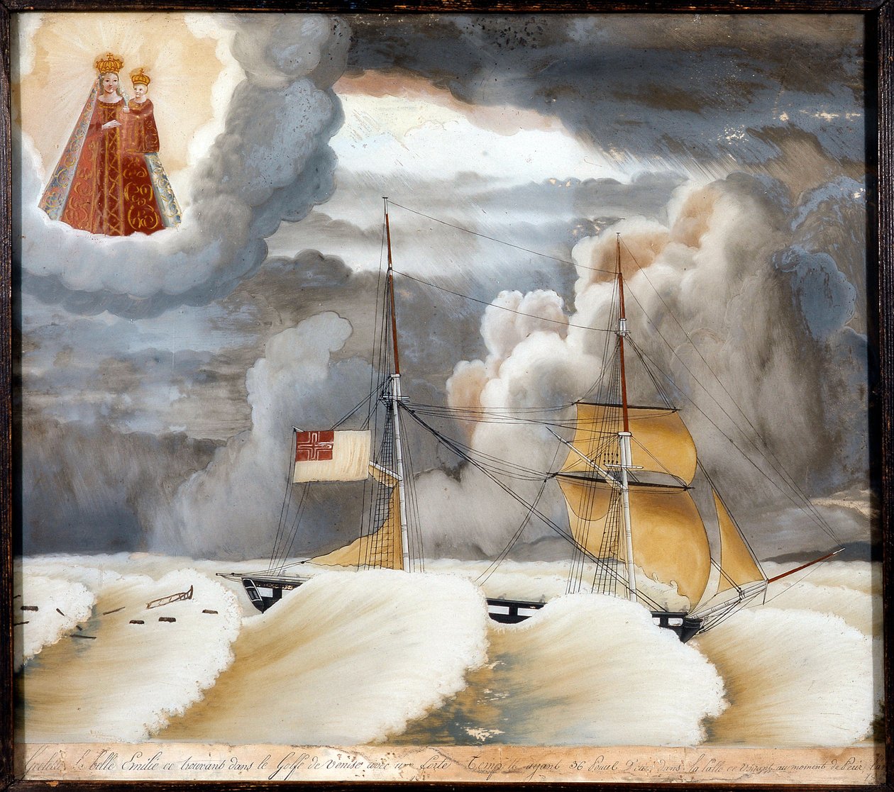 Skipet "" La belle Emilie"" i vanskelighetsgrad - maleri på tre, ex voto av Notre Dame de Laghet, 44x37 cm av Unknown artist