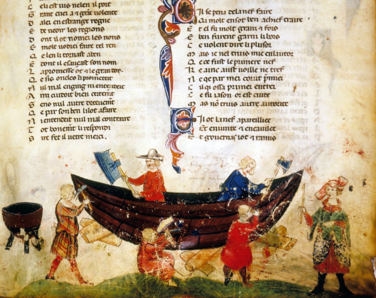 Skipsbygging og fuging på 1200-tallet. Miniatyr av "Roman de Troy"" av Benoit de Saint Maure. Biblioteca Marciana fra 1300-tallet, Venezia av Unknown artist