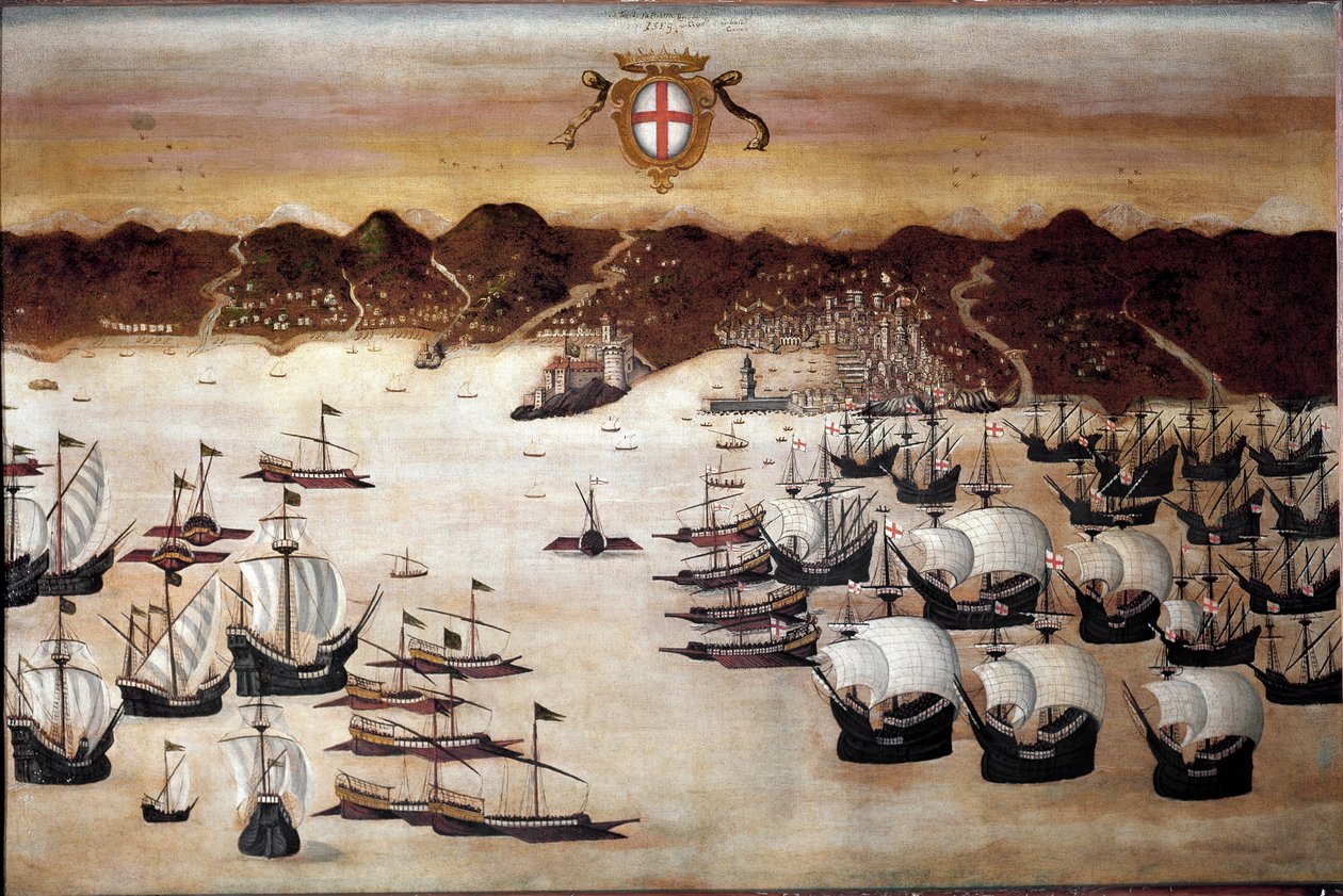 Skip i havnen i Genes (maleri fra 1500-tallet) av Unknown artist