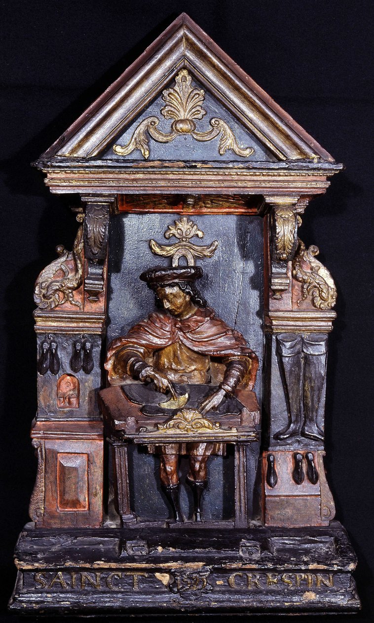 Skomakerskilt med inskripsjonen nederst "" Saint Crespin"" - utskåret tre av Unknown artist
