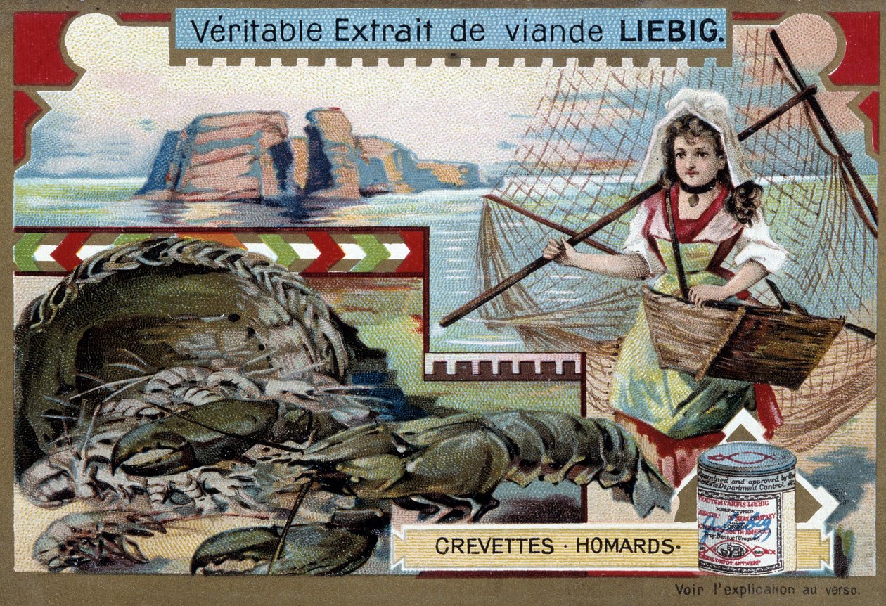 Reker og hummer, med en ung fiskekvinne, som bærer kurven sin og et stort nett - Liebig-kromolitografi av Unknown artist