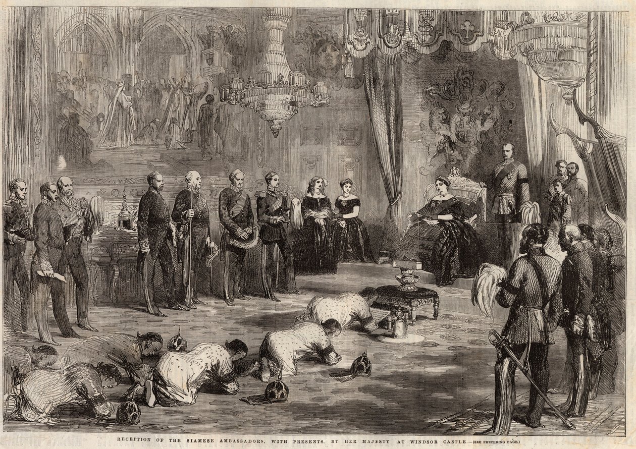 Siam-ambassadører krøp til dronning Victoria Iere (1819-1901) og prins Albert (1819-1861) under deres besøk på Windsor Castle. Gravering i "" The illustrated London News "" av 5. desember 1857. av Unknown artist