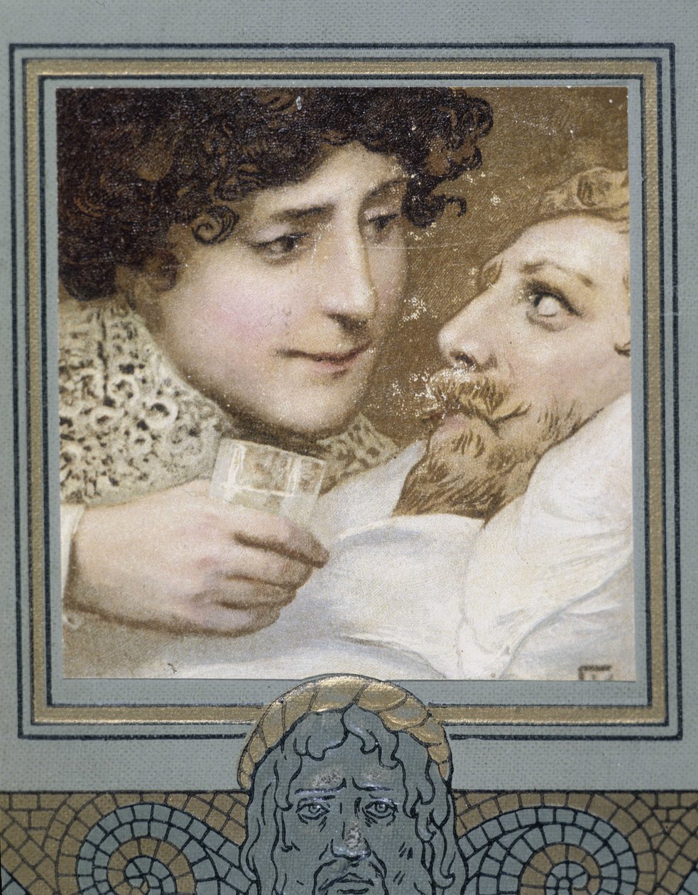 Syk mann og kvinne som gir ham et glass vann - 1800-tallet av Unknown artist