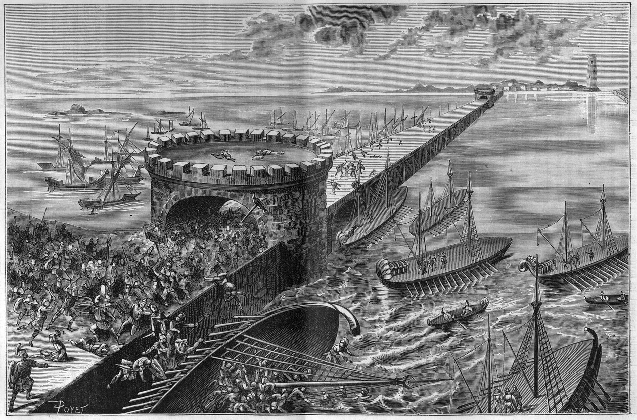 Siege of Alexandria by Jules Cesar in 47 BC The galere of Cesar under the weight of the soldiers who invaded it. Engraving from 1885. av Unknown artist