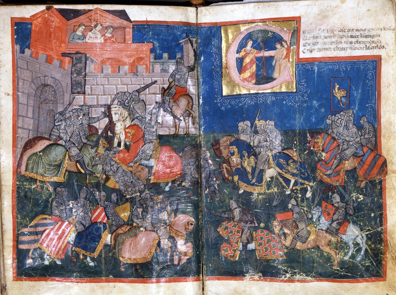 Beleiring av Pamplona i Spania av Charlemagne Miniature fra "Entree of Spain"". Venezia fra 1300-tallet, Biblioteca Marciana. av Unknown artist
