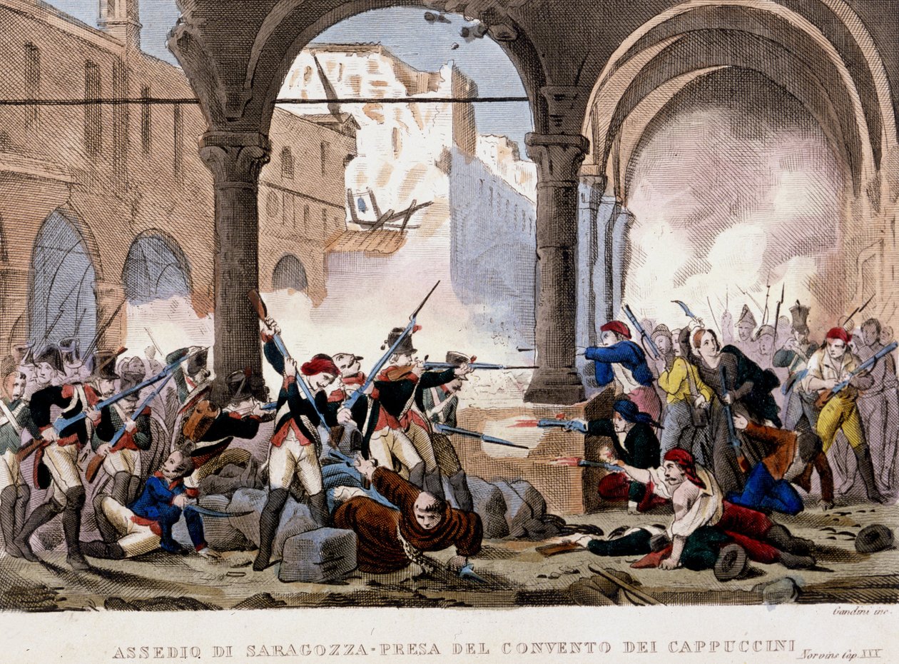 Beleiring av Zaragoza (Zaragoza) og Kapusinerklosteret i 1808. Fargegravering av perioden. Milan av Unknown artist