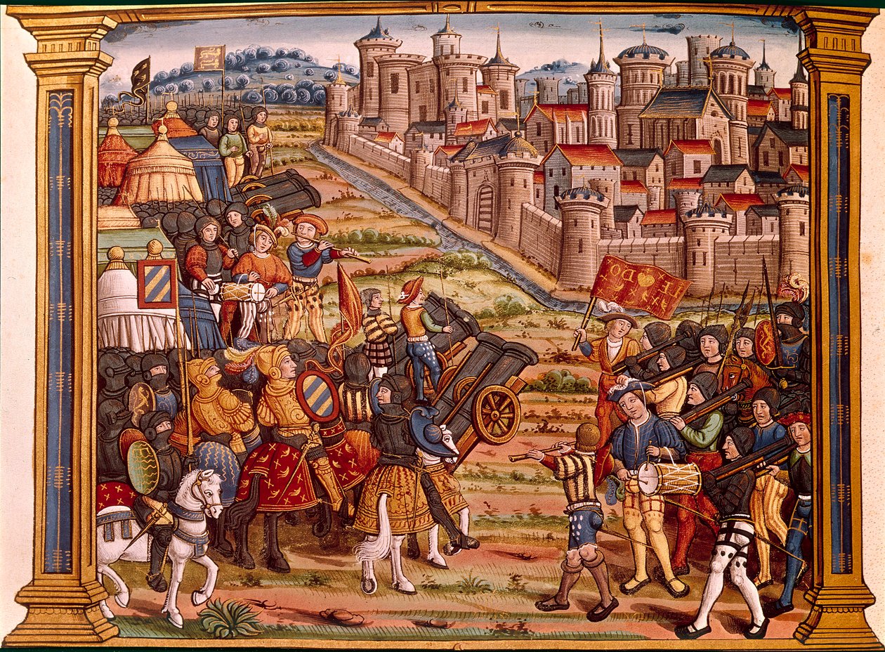 Beleiring av en by med bomber: Louis XI mot liegeoiserne. Miniatyren henter fra manuskriptet "" Les epitaphes des feux kings Louis XIth av dette navnet og fra Charles, hans sønn VIII med dette navnet som guden fraværende"" av Unknown artist