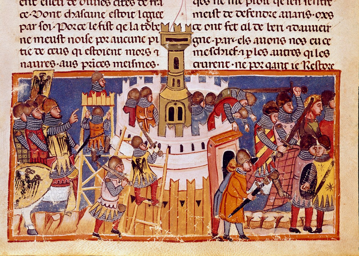 Beleiring av en befestet by Miniatyr hentet fra "The Facts of the Romans"" som forteller om livet til de tolv Cesar. Venezia fra 1200-tallet, biblioteca Marciana av Unknown artist