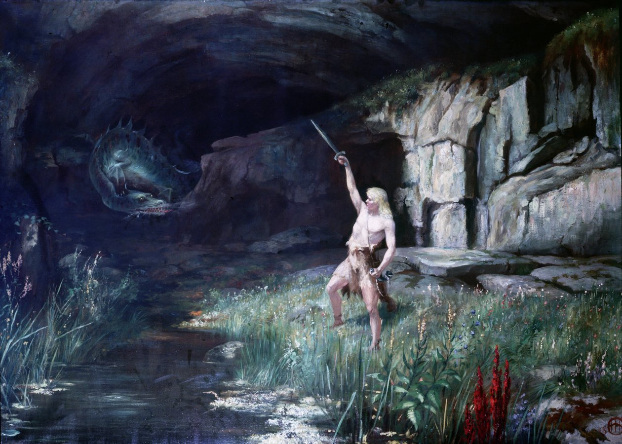 Siegfried, vendt mot dragen Fafner, viftet med sverdet. Scene of the Opera "" Ring of the Nibelungen"" av Richard Wagner (1813 - 1883). Maleri. av Unknown artist