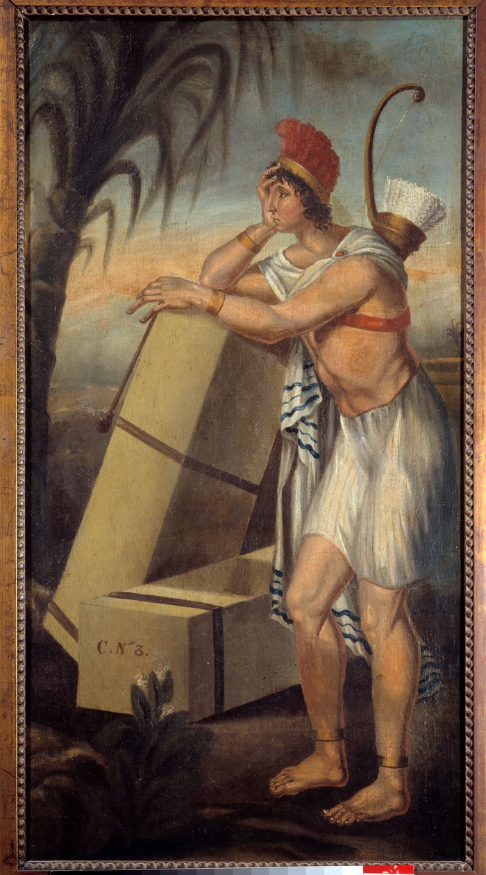 Tegn på tobakksforhandlere som representerer en amerikansk indianer lener seg på esker med tobakk som er klare til å sendes på skip som eksporterer New World-produkter. La Rochelle. New World Museum av Unknown artist