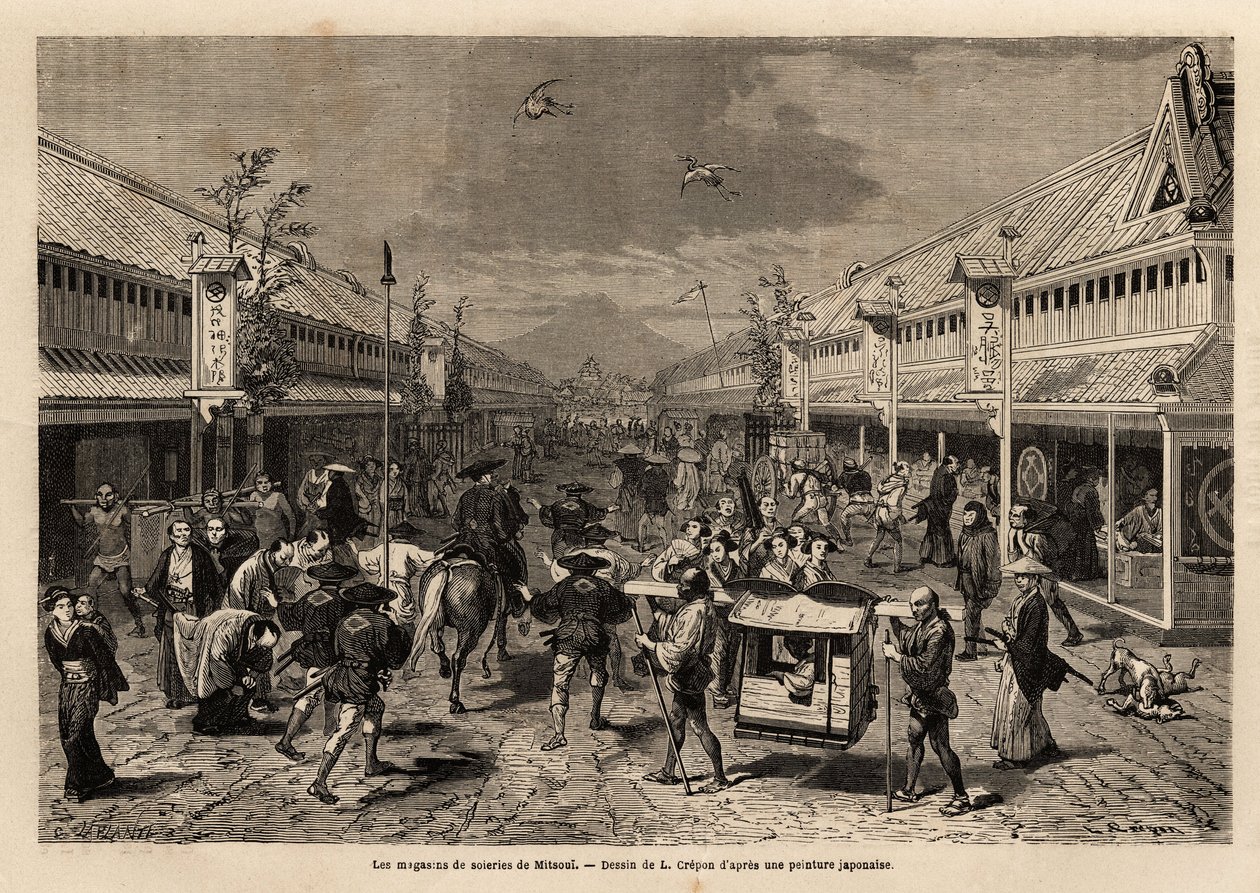 Silkebutikker i Mitsoui, Yedo (eller Edo, dagens Tokyo), livlige, og i bakgrunnen silhuetten av Fuji-fjellet. Gravering for å illustrere reisen til Japan, i 1863-1864, av Aime Humbert, minister for det sveitsiske konføderasjonen, i "Le tour du monde, nou av Unknown artist