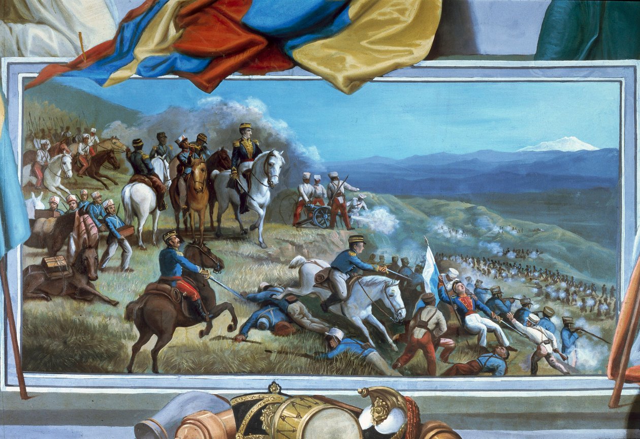 Simon Bolivar leder opprørstropper mot Agustin Agualongos spanske styrker, freske Ibarra rådhus, Ecuador av Unknown artist