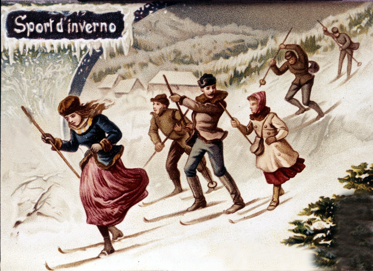 Skiløpere. Chromo., slutten av 1800-tallet av Unknown artist