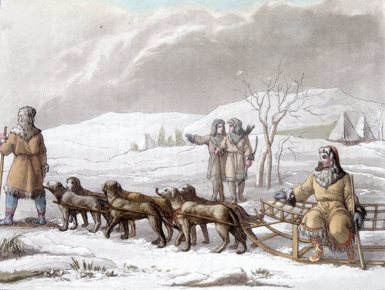 Slede fra Kamtchadales trukket av hunder, Sibir. Tegning av Gallina f. Library of Decorative Arts i Paris. "" Den eldgamle og moderne drakten"" av Unknown artist