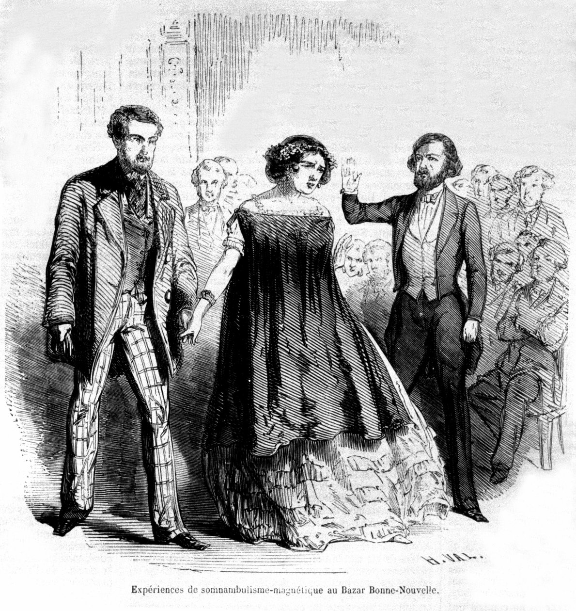 Søvngjengeropplevelser: magnetisme og hypnose ved Bazaar de la Bonne-Nouvelle, gravering fra 1885 av Unknown artist