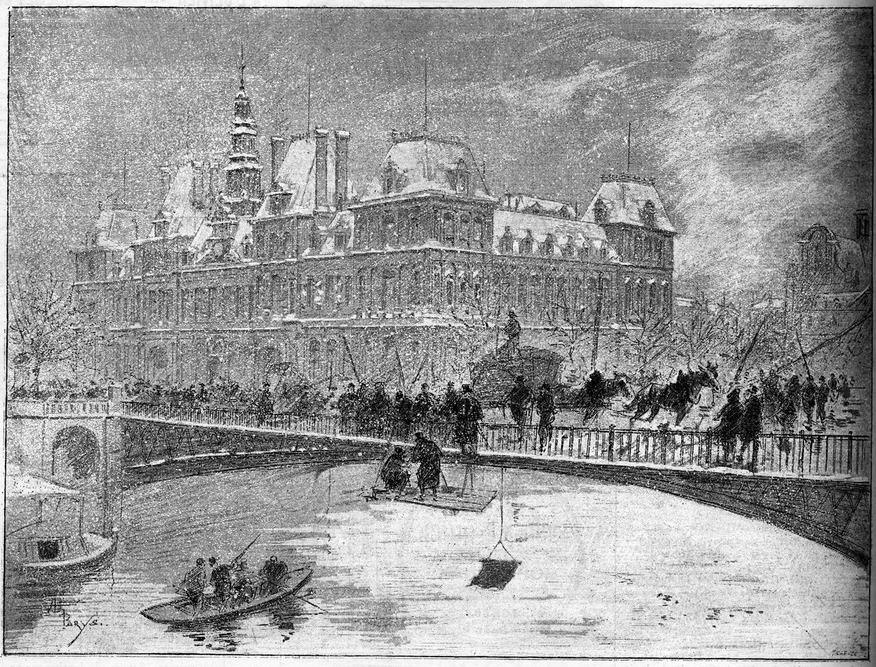 Nedturen av broen til Arcole i Paris i 1888. av Unknown artist