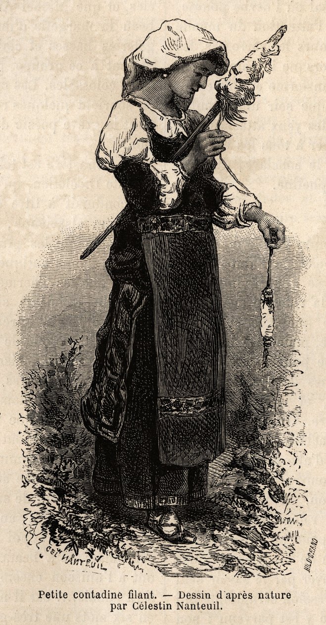 Liten contadin (bonde) fra omgivelsene til Roma, spinner ull med sin spindel. Gravering for å illustrere reisen til Roma, av Francis Wey, i 1864-1870, publisert i "Le tour du monde"" 1870-1871, redigert av Edouard Charton, utgave Hachette, Pari av Unknown artist