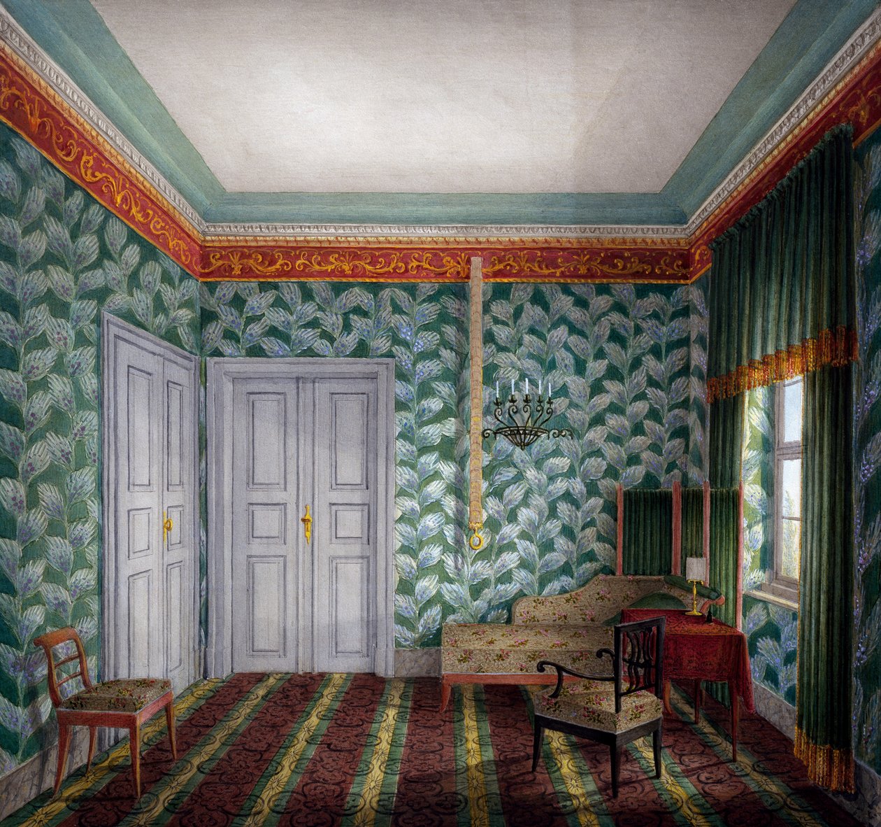Lite dagrom med grønt tapet og bladverk av Unknown artist