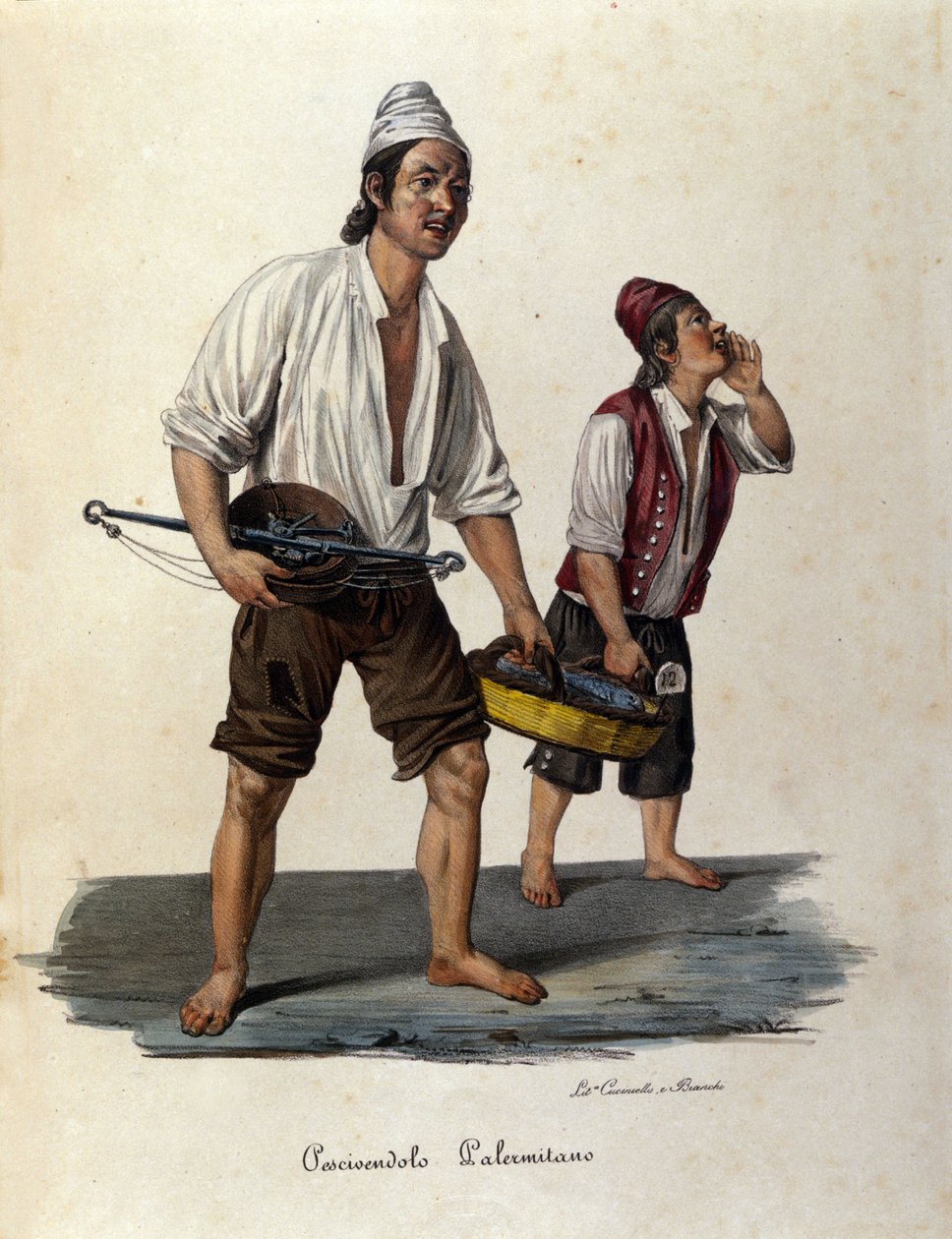 Liten metier av gaten: selgere av vandrefisk. Sicilia-gravering fra 1800-tallet av Unknown artist
