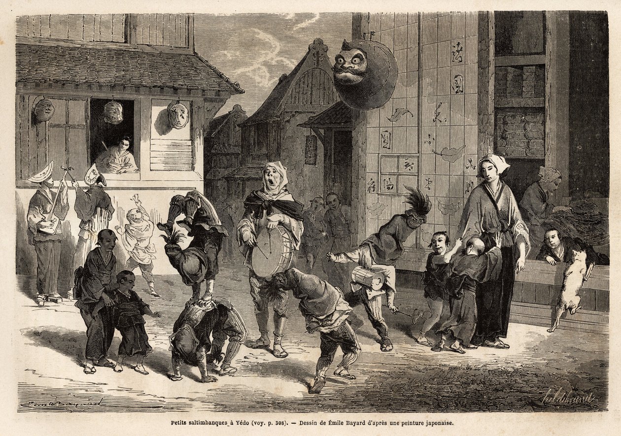 Små saltbanker som fremfører akrobatiske numre i musikk i gatene i Yedo (eller Edo, den keiserlige hovedstaden, dagens Tokyo). Gravering for å illustrere reisen til Japan, i 1863-1864, av Aime Humbert, minister for det sveitsiske konføderasjonen, i "& av Unknown artist