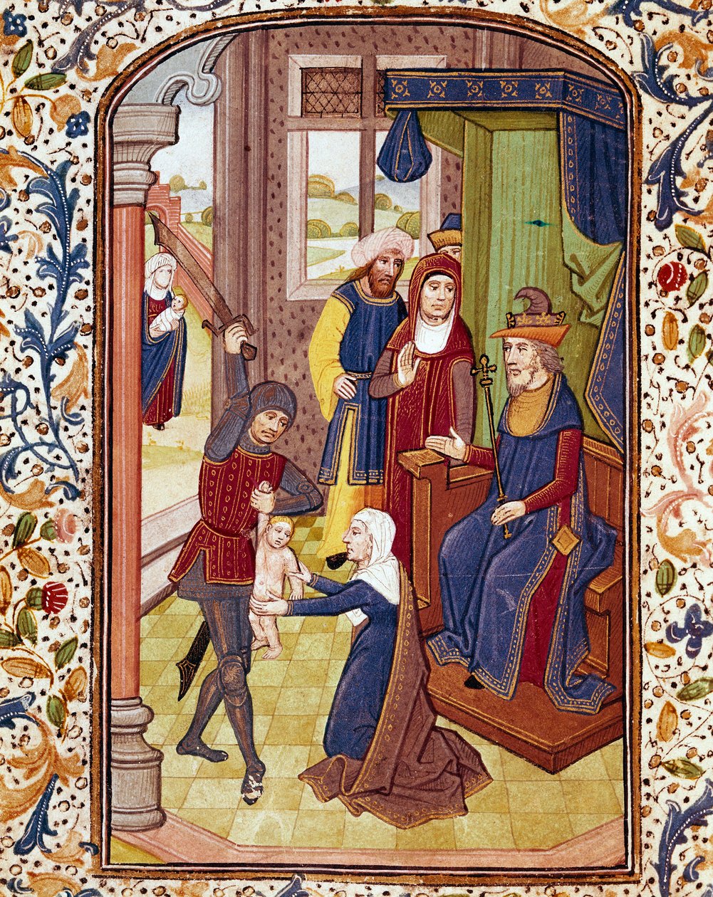 Salomos dom To kvinner later som de er mor til samme barn. Miniatyr fra et manuskript fra 1400-tallets Coimbra-bibliotek ved universitetet av Unknown artist