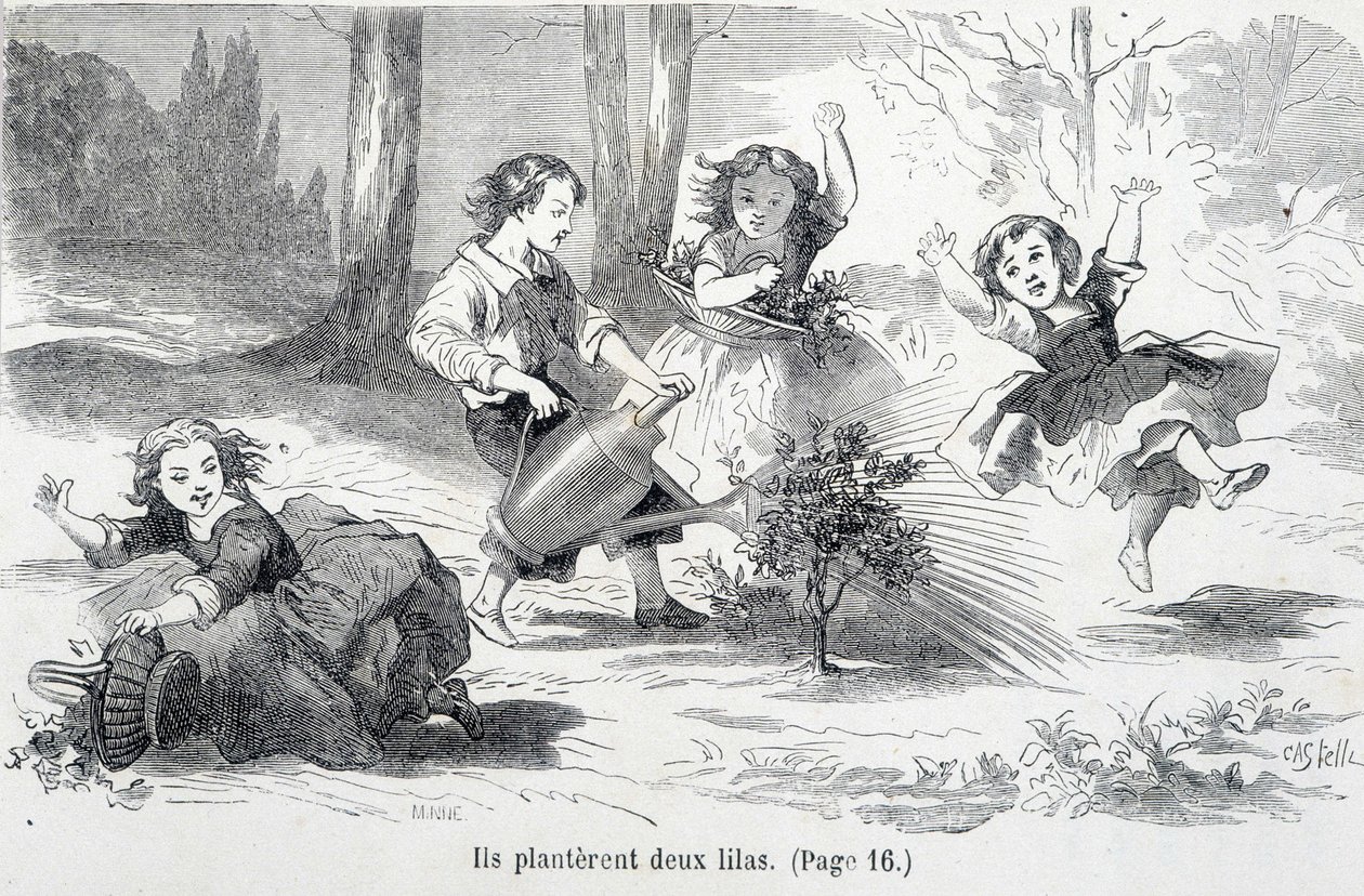 Sophie og vennene hennes planter syrin - i "The misfortunes of Sophie"" av grevinnen av Ségur, Hachette av Unknown artist