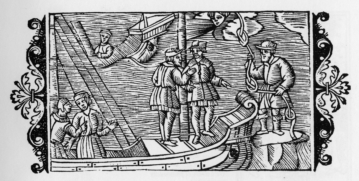 Trollmann selger til sjømenn vindene låst i de tre nodene til et tau - i "Historia de Gentibus Septentrionalibus" (Historien om folkene i Nord) av Olaus Magnus, Roma 1555 av Unknown artist